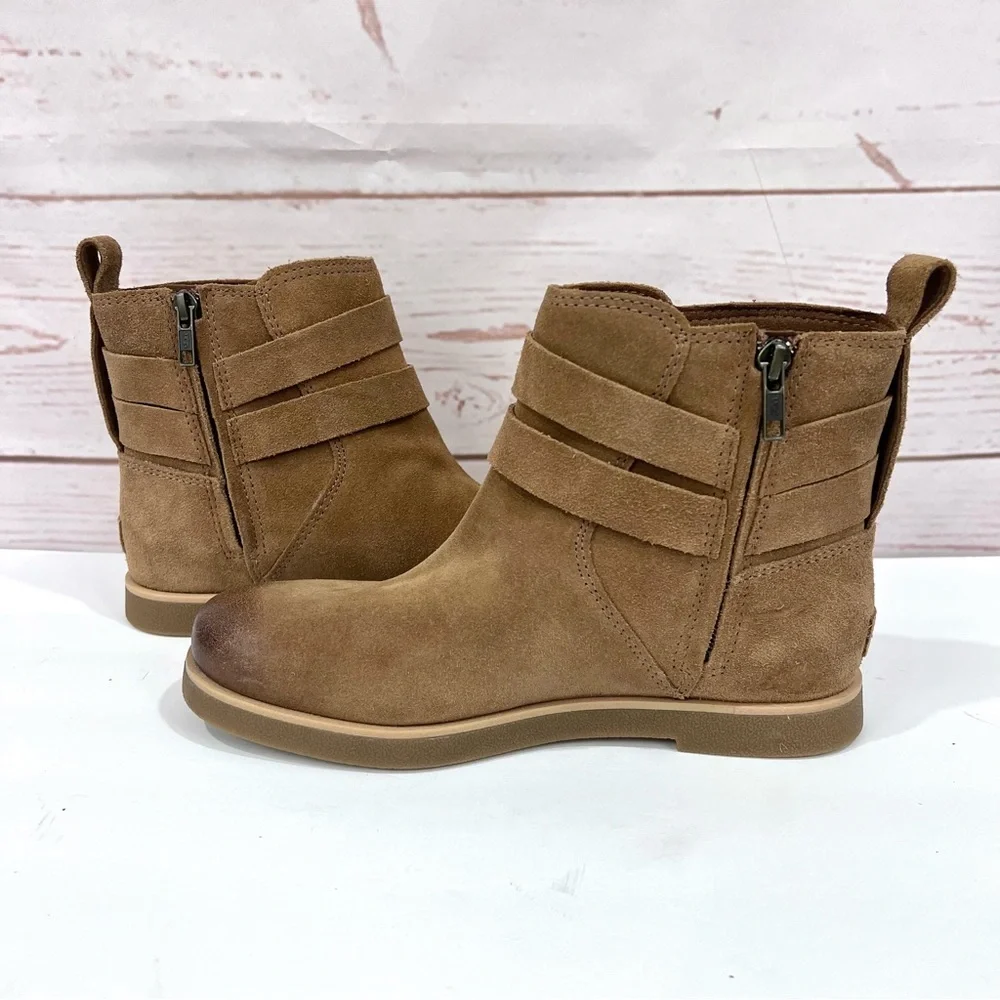 NWT UGG Josefene Ankle Boots Distressed Suede Strap Short Booties Chestnut Tan